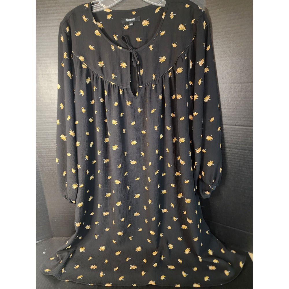 Madewell Dandelion Floral Smocked Yoke Mini Dress Black Yellow AL298 Large